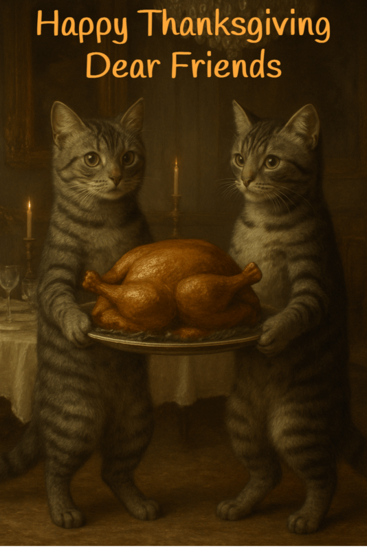 An AI graphic for Thanksgiving with two grey tabby cats and a roasted turkey with two drumsticks on the same side of its body.