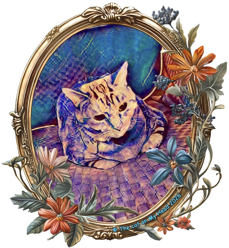 Tabby cat in an oval flowered and gold frame in bold colors resembling a piece of antique jewelry.