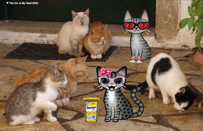 Periwinkle Stinky Giornata Nazionale del Gatto: Five cats with two cartoon tabby cats and a container of Temptations.