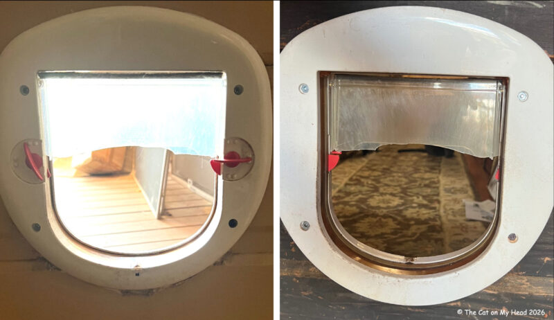 Two photos of a cat-modified, broken cat door, one looking out and one looking in.