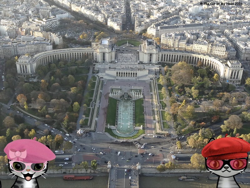 Two cartoon tabby cats in berets overlooking the Palais de Chaillot and the Jardins du Trocadéro, Paris.
