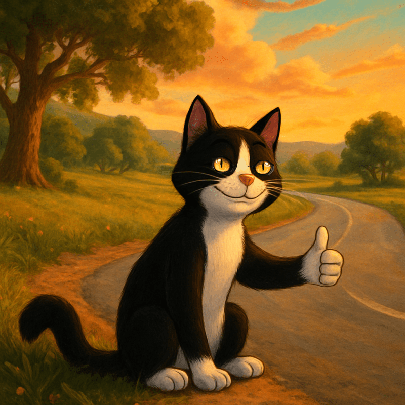 Tuxedo cat with opposable thumbs hitchhiking.