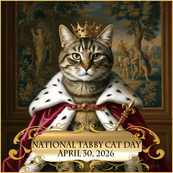 National Tabby Cat Day badge with a tabby dressed as a king.