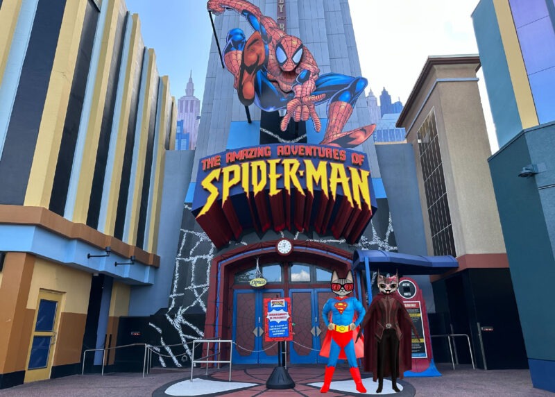 Cartoon tabby cats dressed as Superman and the Scarlet Witch at Universal Marvel Super Hero Island Spiderman Adventure.