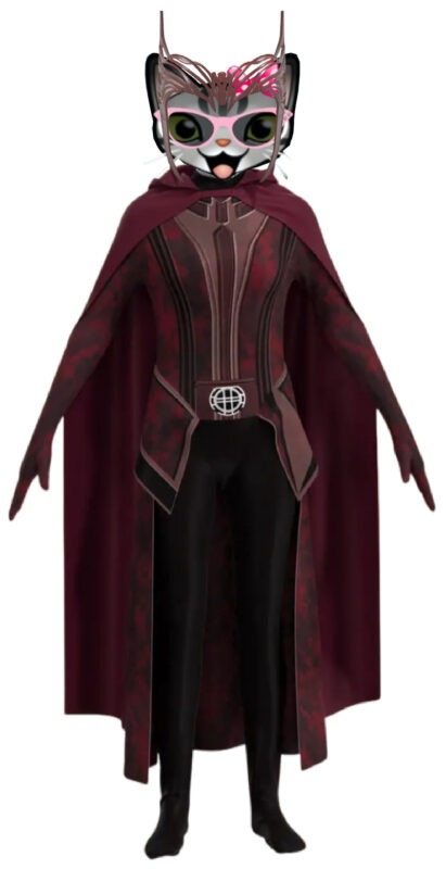 A cartoon tabby cat dressed as Marvel's Scarlet Witch.