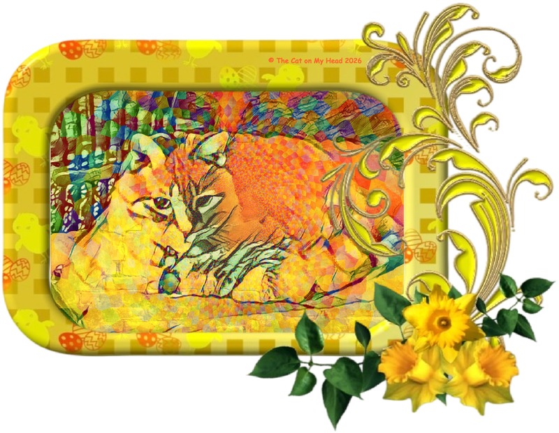 springtime tabby art Ginger tabby in a springtime art creation and a yellow flowered frame.