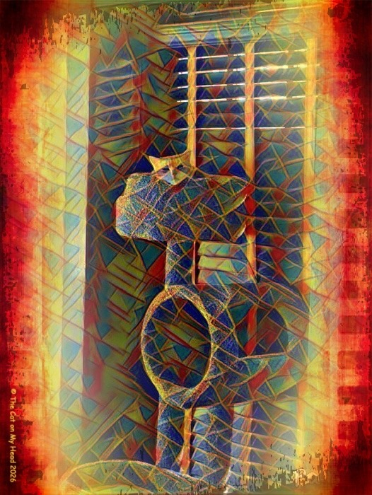 DISORDER ART GINGER TABBY IN A CAT TREE TURNED INTO ART WITH THE DISORDER EFFECT FROM PAINNT.