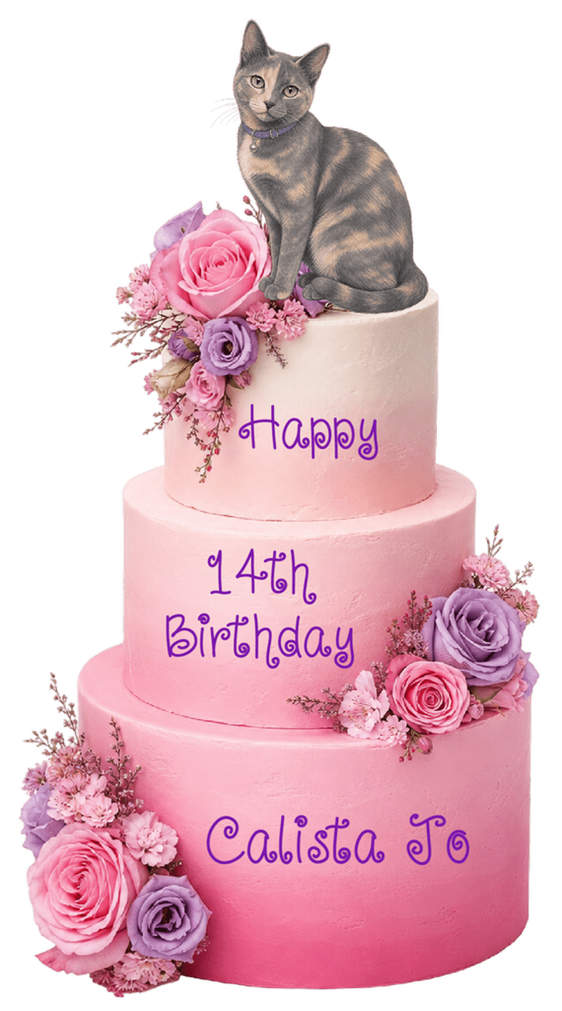 Awww Mondays birthday Birthday cake with a dilute tortoise shell cat on top for Awww Mondays.