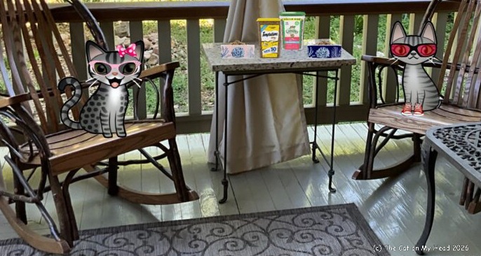 Two cartoon tabby cats sitting on a porch having snacks.