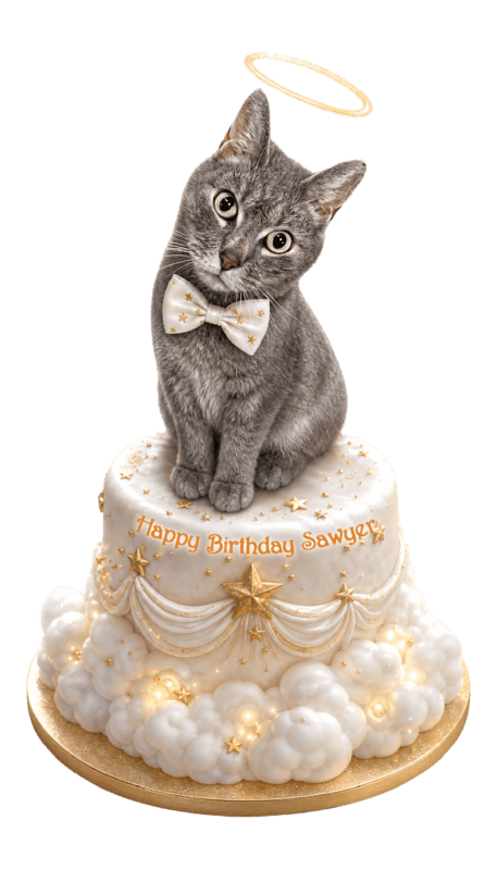 A grey Manx angel tabby cat atop a celestial birthday cake.