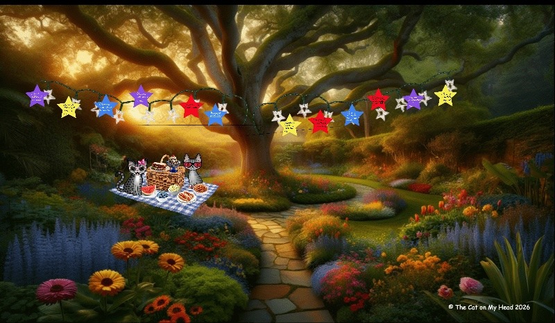 Two cartoon tabby cats having a picnic in a garden with tanzaku hanging from a big tree to celebrate Tanabata.