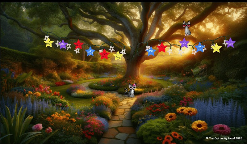 Two cartoons tabby cats in a huge garden with a tree hung with star-shaped lights and twelve tanzaku written on colored stars to celebrate Tanabata.
