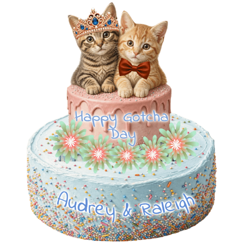 A torbie cat and a peach-colored tabby cat atop a fourth gotcha day cake.