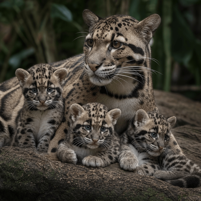 Female Clouded Leopard with three cubs.