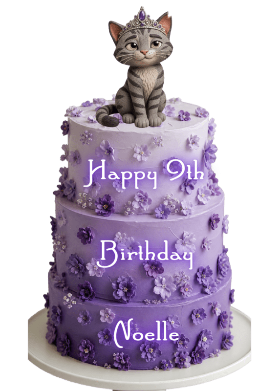 Noelle birthday Birthday cake for a grey tabby cat named Noelle with a grey tabby in a tiara on the top.