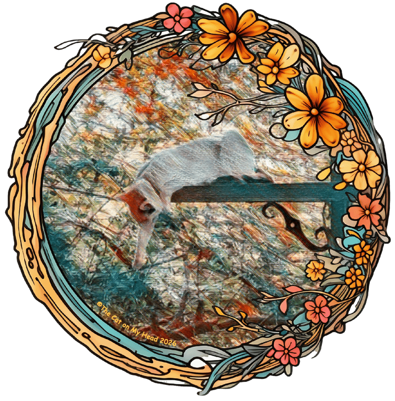 White and calico kitten with head and leg dangling in an art effect, "Painting the Seasons."